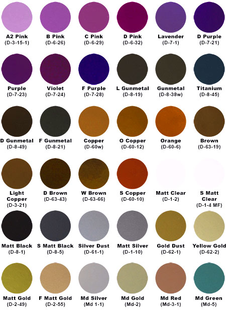 Soft Metallic colour Chart Extra colours